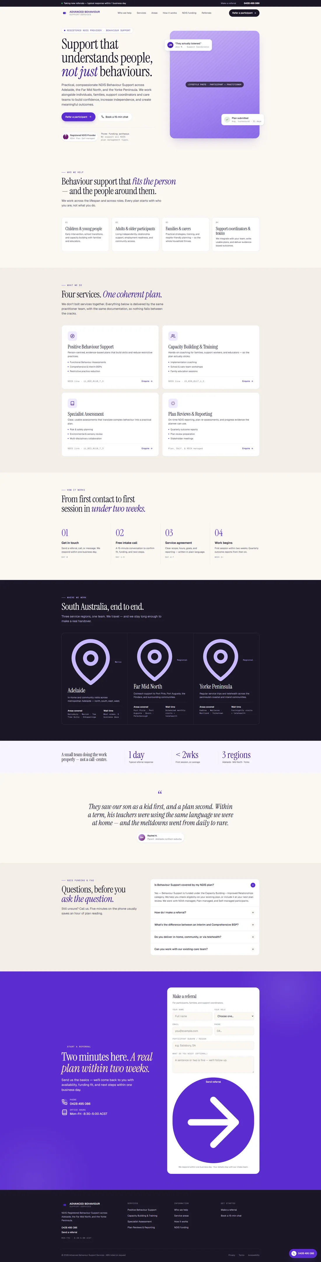 Advanced Behaviour Support Services homepage after the rebuild, leading with the H1 “Support that understands people, not just behaviours”.