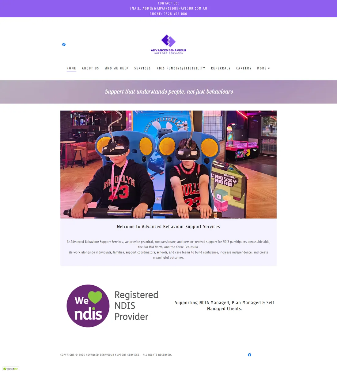 Advanced Behaviour Support Services homepage before the rebuild: A welcome paragraph, one photo and an NDIS badge. The service, the regions covered and the referral path were nowhere to be found.