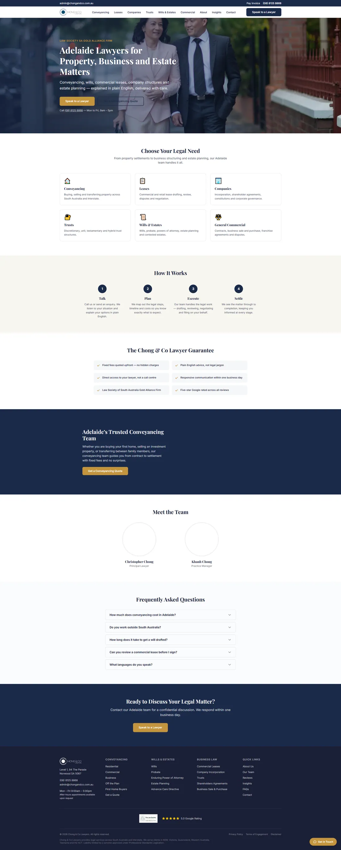 Chong & Co Lawyers homepage after the rebuild, leading with the H1 “Adelaide Lawyers for Property, Business and Estate Matters”.