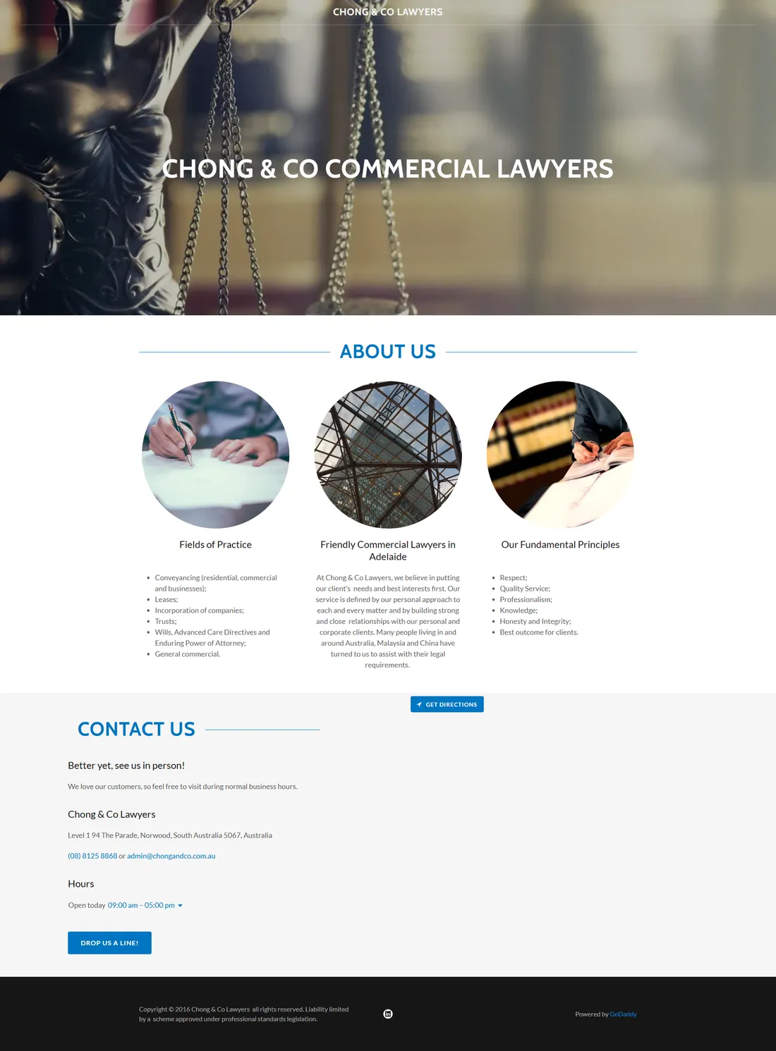 Chong & Co Lawyers homepage before the rebuild: A single brochure page: a stock hero, three vague intro circles and a phone number. No service pages, no commercial keyword, nothing for Google to rank.
