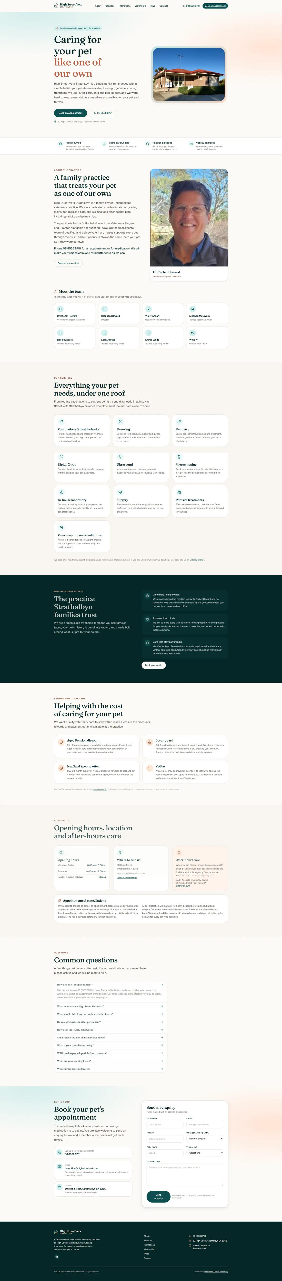 High Street Vets homepage after the rebuild, leading with the H1 “Caring for your pet like one of our own”.