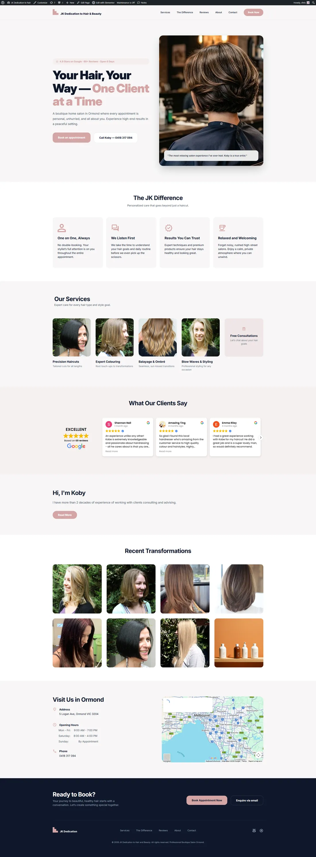 JK Hair homepage after the rebuild, leading with the H1 “Your Hair, Your Way: One Client at a Time”.