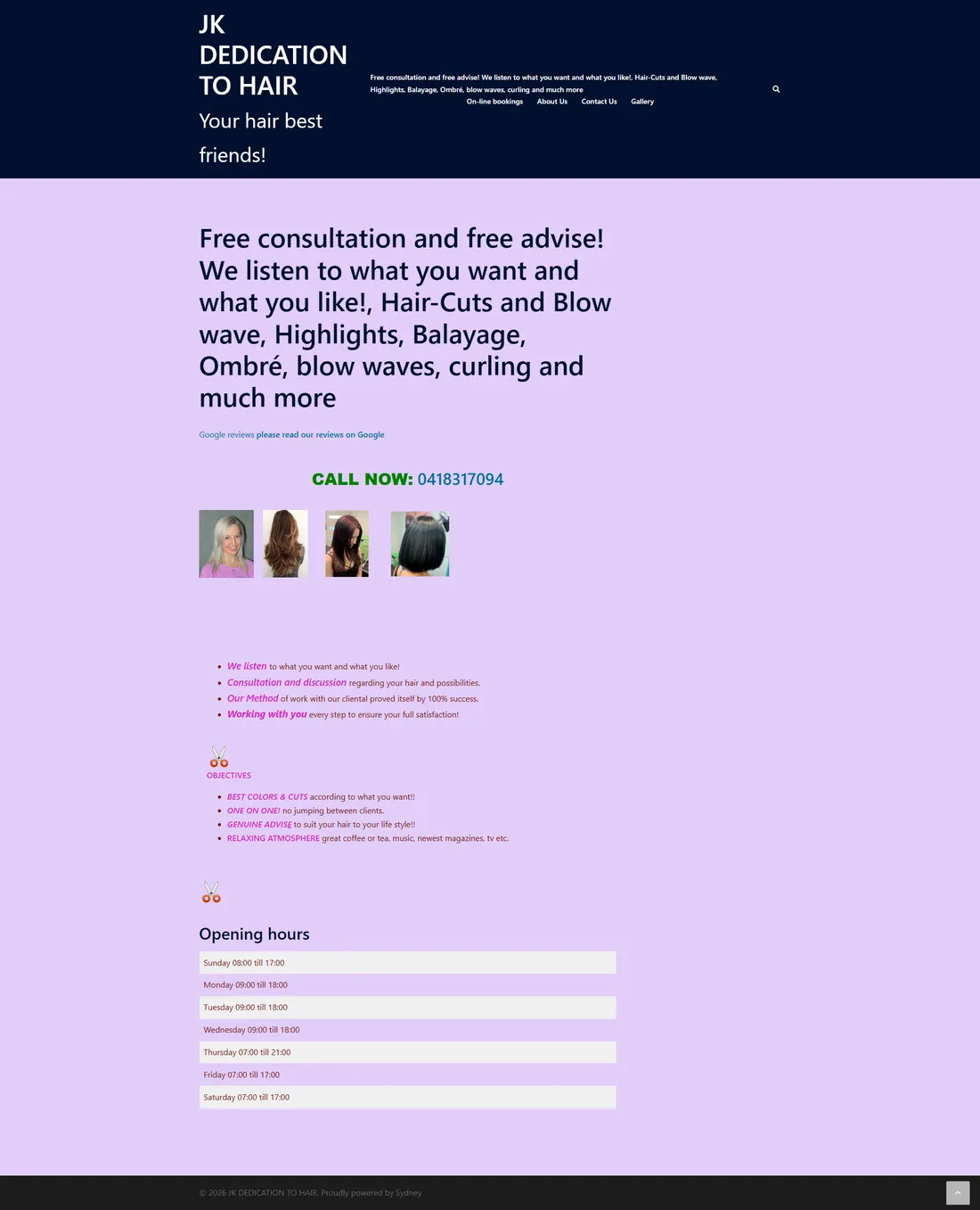 JK Hair homepage before the rebuild: One long wall of text, a phone number in green and four thumbnail photos. No structure, no suburb targeting, no services for Google to index.