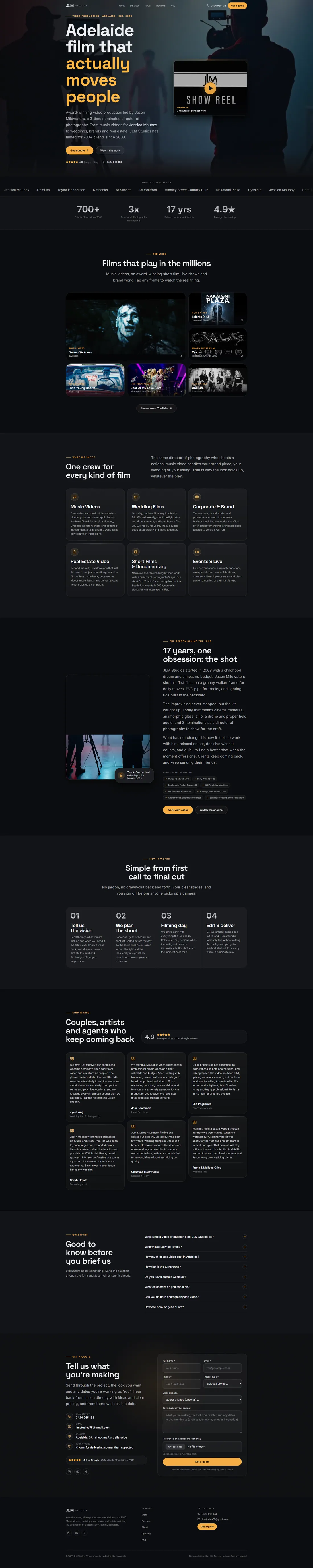 JLM Studios homepage after the rebuild, leading with the H1 “Adelaide film that actually moves people”.
