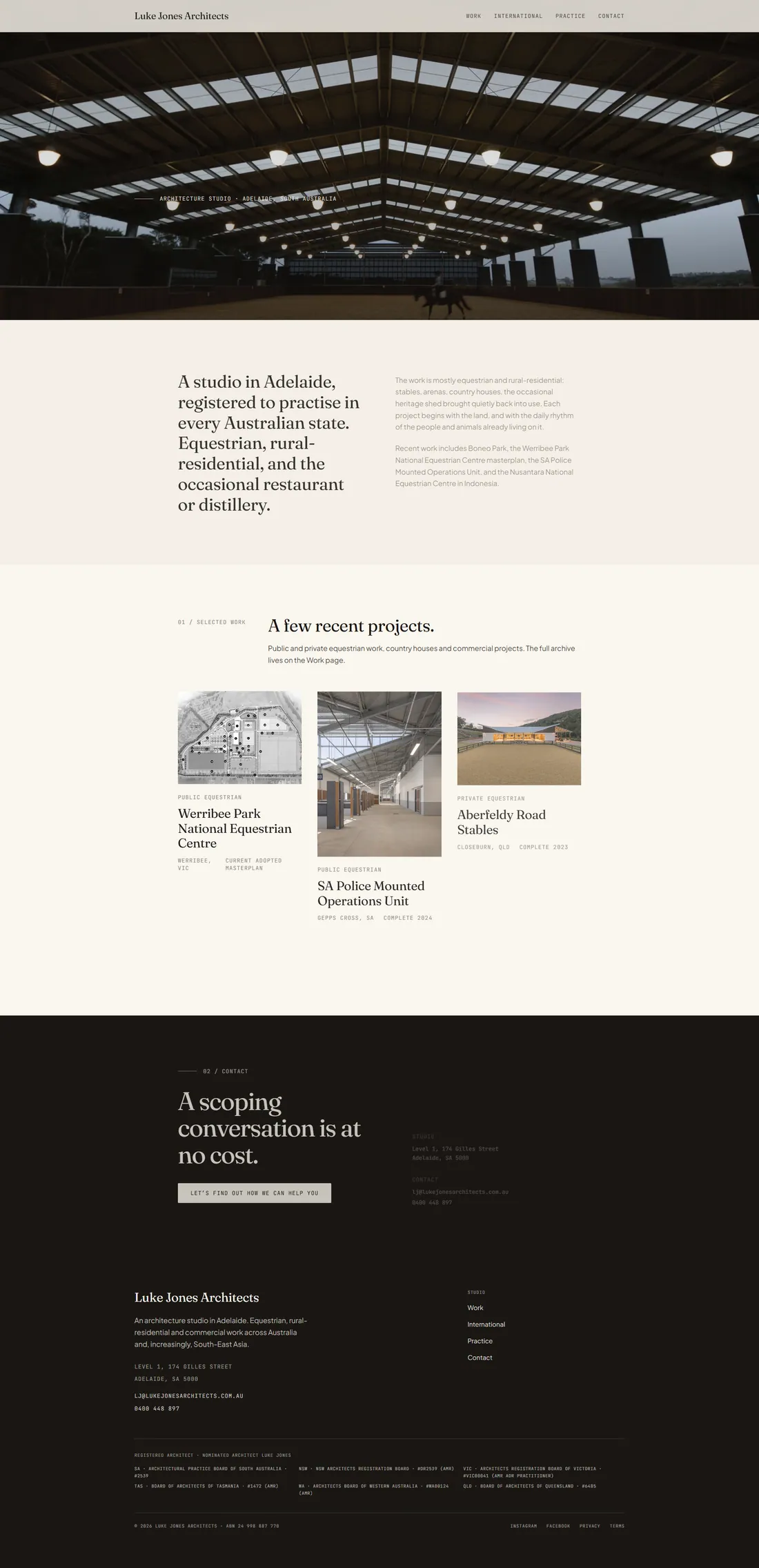 Luke Jones Architects homepage after the rebuild, leading with the H1 “A studio in Adelaide, registered to practise in every Australian state”.