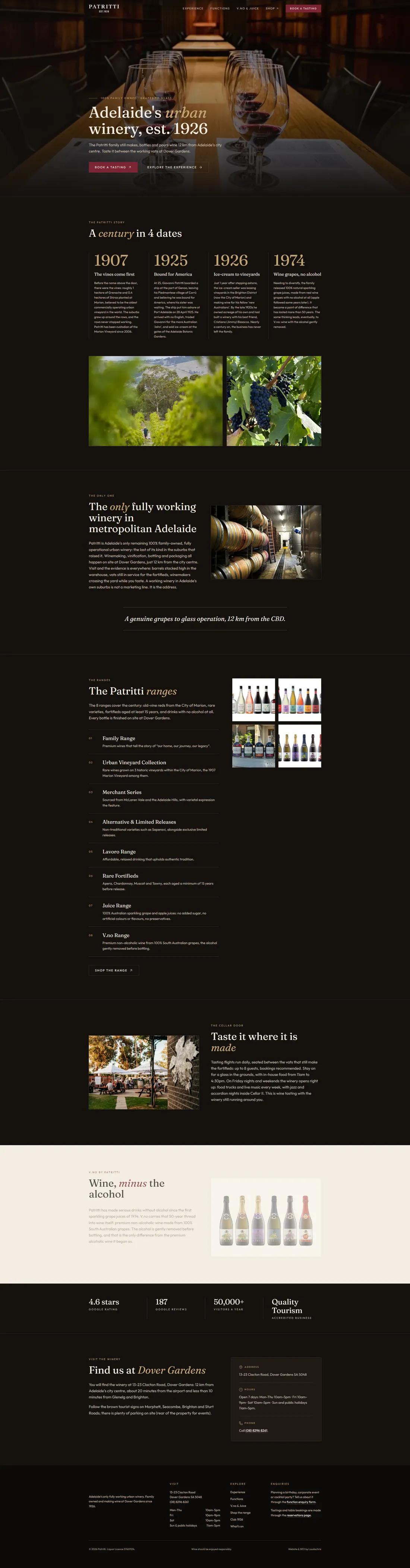 Patritti Wines homepage after the rebuild, leading with the H1 “Adelaide's oldest winery, established 1926”.