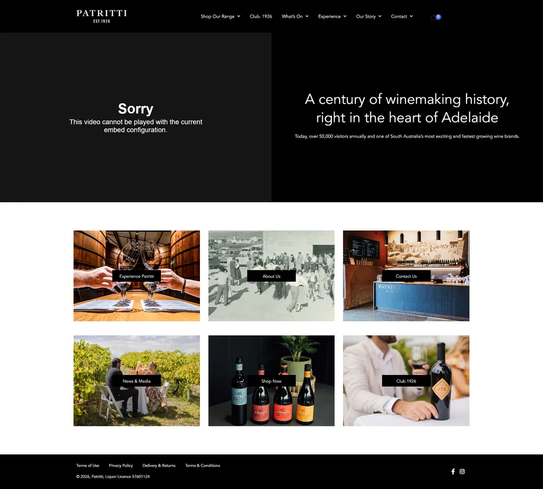 Patritti Wines homepage before the rebuild: A hero with a broken video embed (a visible “this video cannot be played” error) and 6 generic image tiles. A century of history with nothing structured for Google to read.