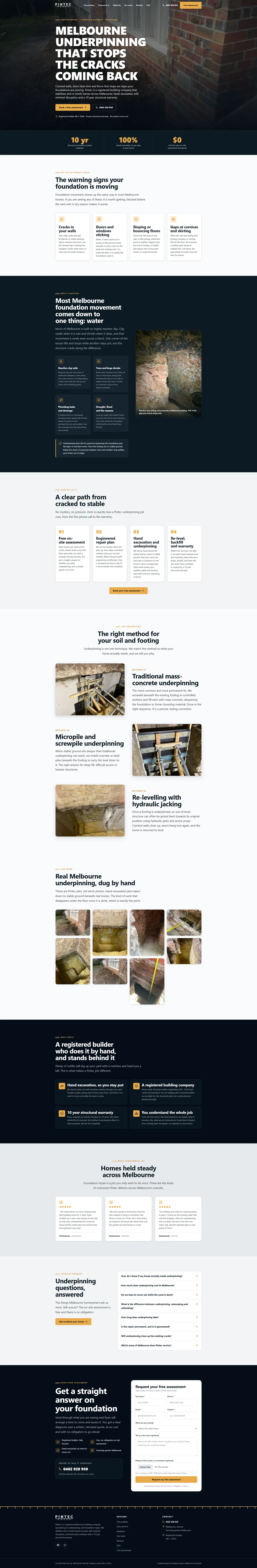 Pintec homepage after the rebuild, leading with the H1 “Melbourne underpinning that stops the cracks coming back”.