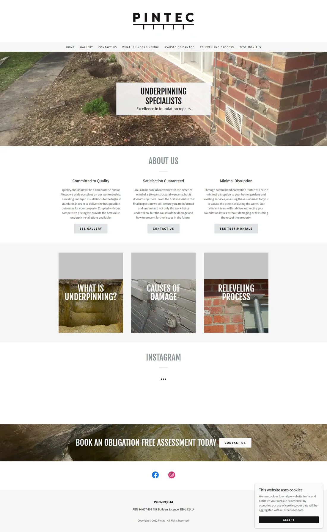 Pintec homepage before the rebuild: A generic “Underpinning Specialists / Excellence in foundation repairs” template with no city in sight and 3 vague About boxes. No way to rank for the Melbourne searches that matter.
