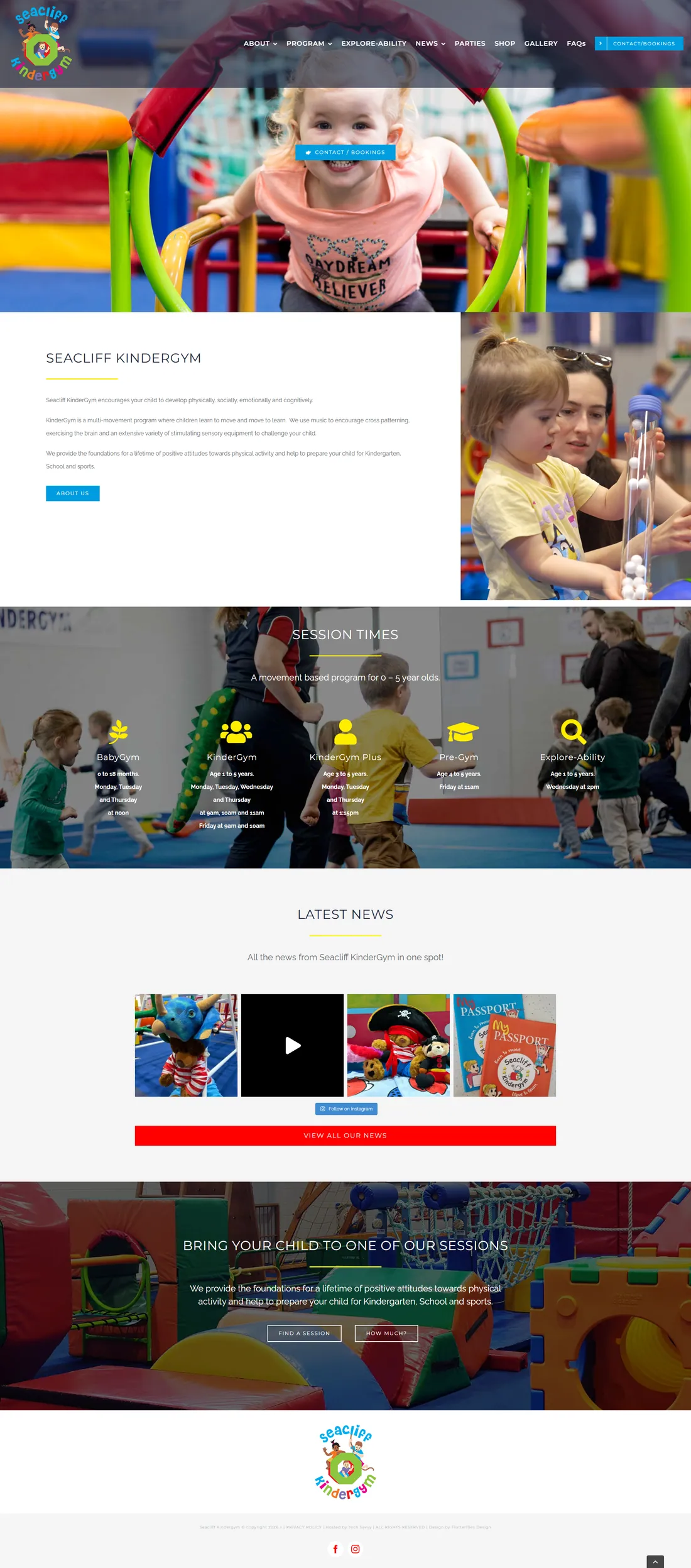 Seacliff Kindergym homepage before the rebuild: A busy, cluttered template where the program, the ages and the session times were hard to find and harder for Google to parse.