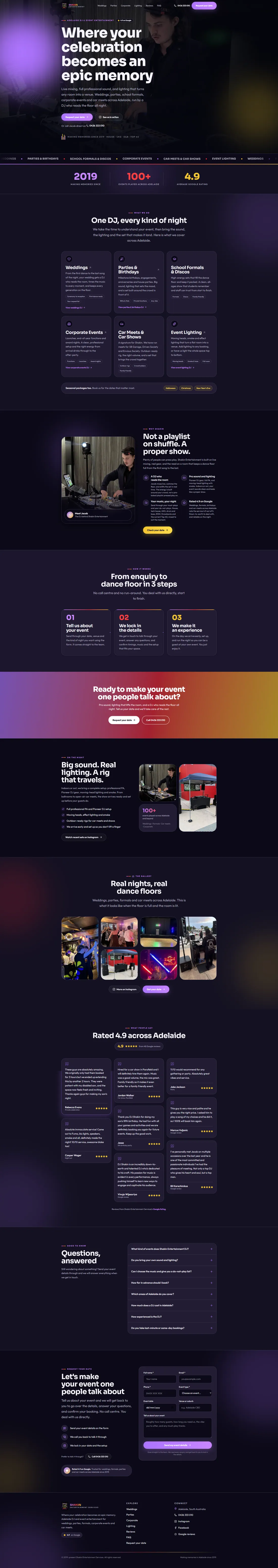 Shakin homepage after the rebuild, leading with the H1 “Where your celebration becomes an epic memory”.