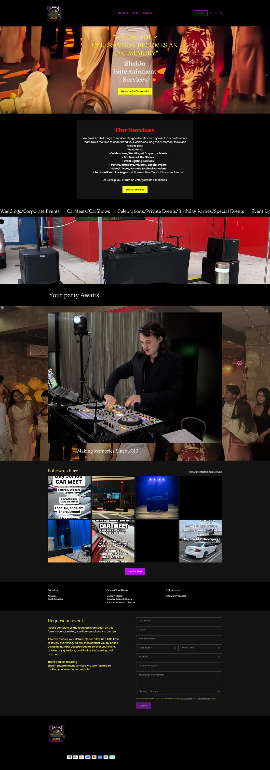 Shakin homepage before the rebuild: A dark page with a hero image and little structured content. No service breakdown, no packages, nothing aimed at the searches couples actually type.