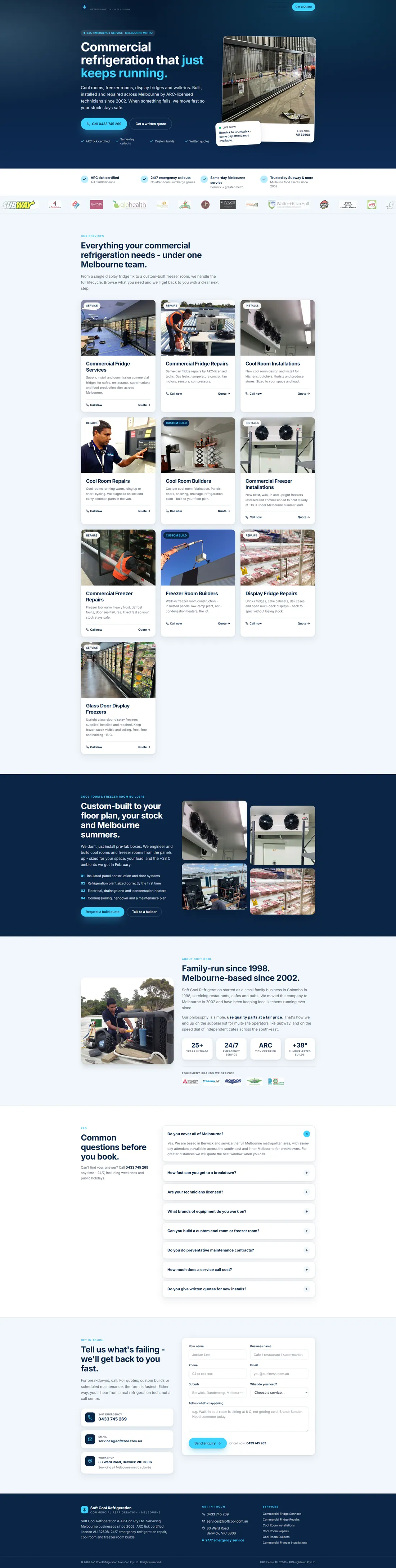 Soft Cool Refrigeration homepage after the rebuild, leading with the H1 “Commercial refrigeration that just keeps running”.