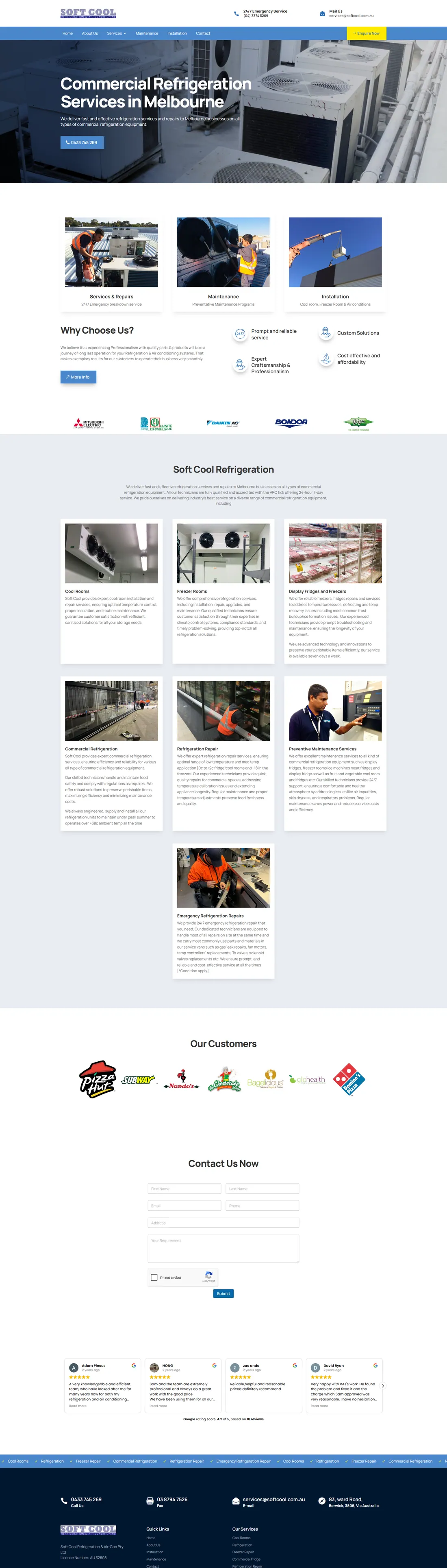 Soft Cool Refrigeration homepage before the rebuild: A dated template that buried the services and trust signals. The keyword was there, but the structure Google rewards was not.