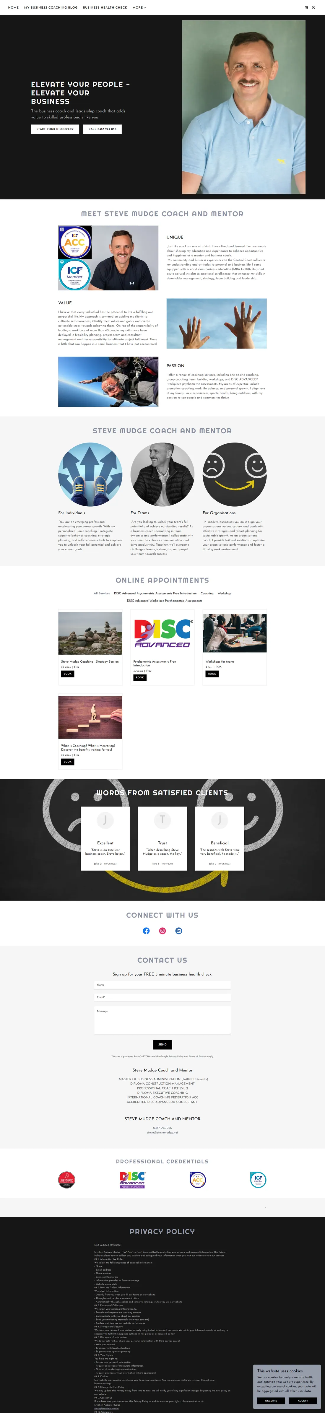 Steve Mudge Advisory homepage before the rebuild: Long blocks of text with no clear hierarchy and nothing structured around the questions clients ask before they get in touch.