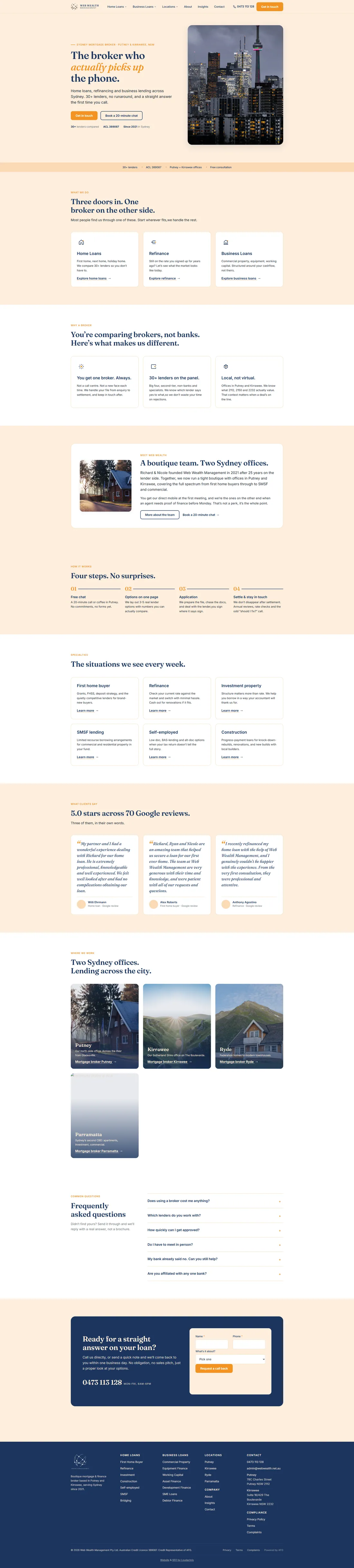 Web Wealth homepage after the rebuild, leading with the H1 “The broker who actually picks up the phone”.