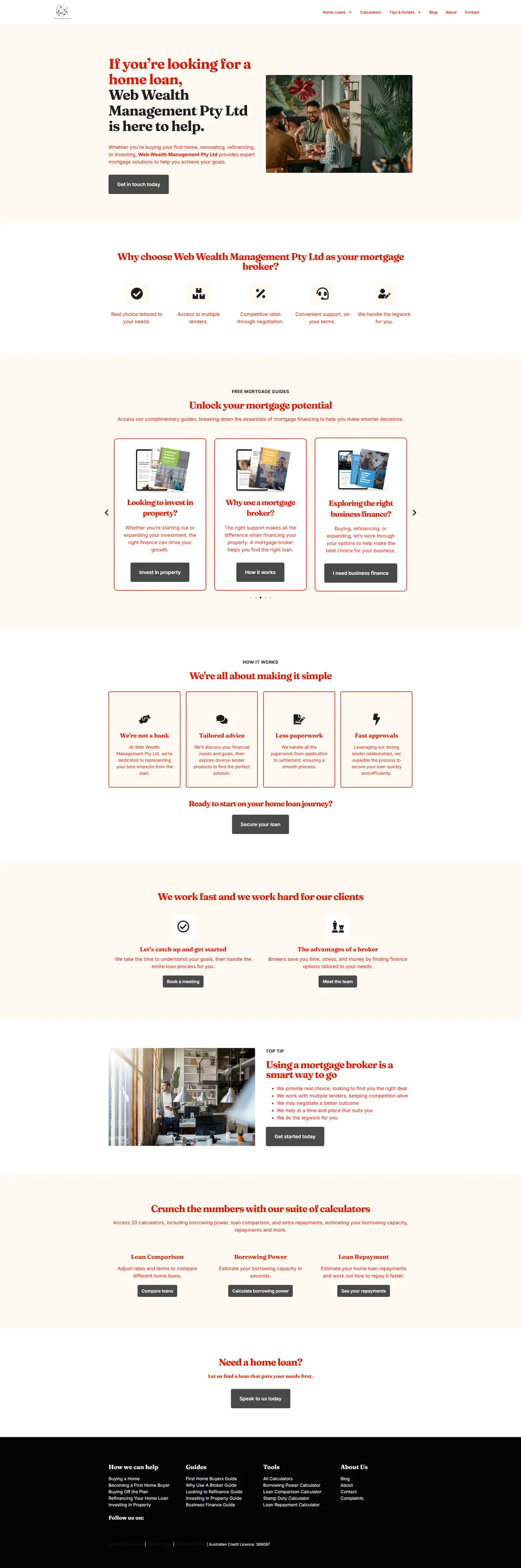Web Wealth homepage before the rebuild: A generic finance template that buried the service and the contact path, with nothing built around the broker searches that drive enquiries.