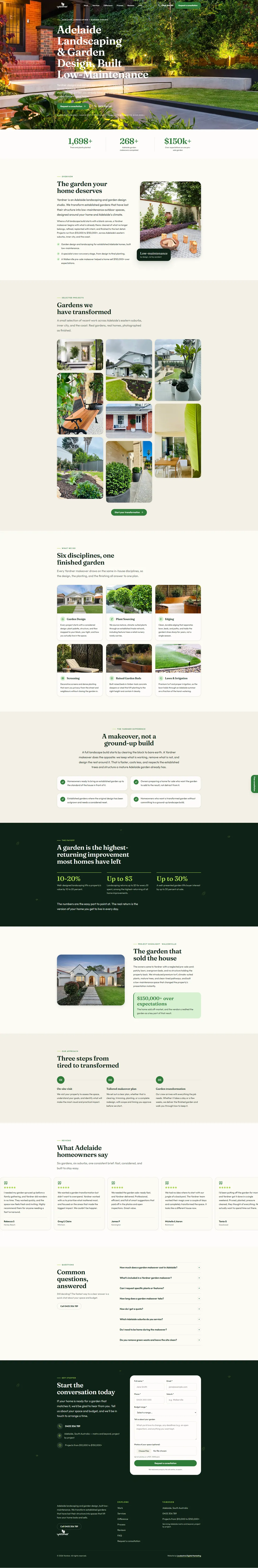 Yardner homepage after the rebuild, leading with the H1 “Adelaide Landscaping & Garden Design & Transformation”.