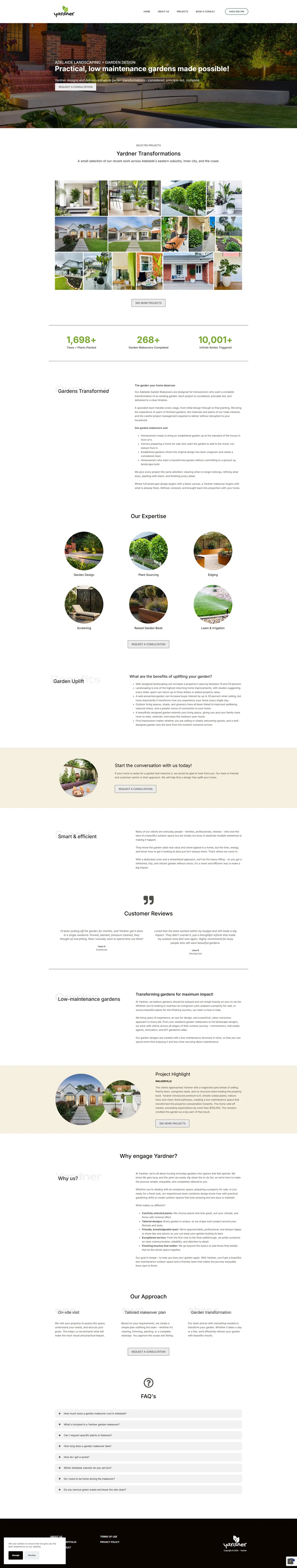 Yardner homepage before the rebuild: A busy template with a vague tagline and stat counters, but no location keyword and no clear page architecture for Google to follow.